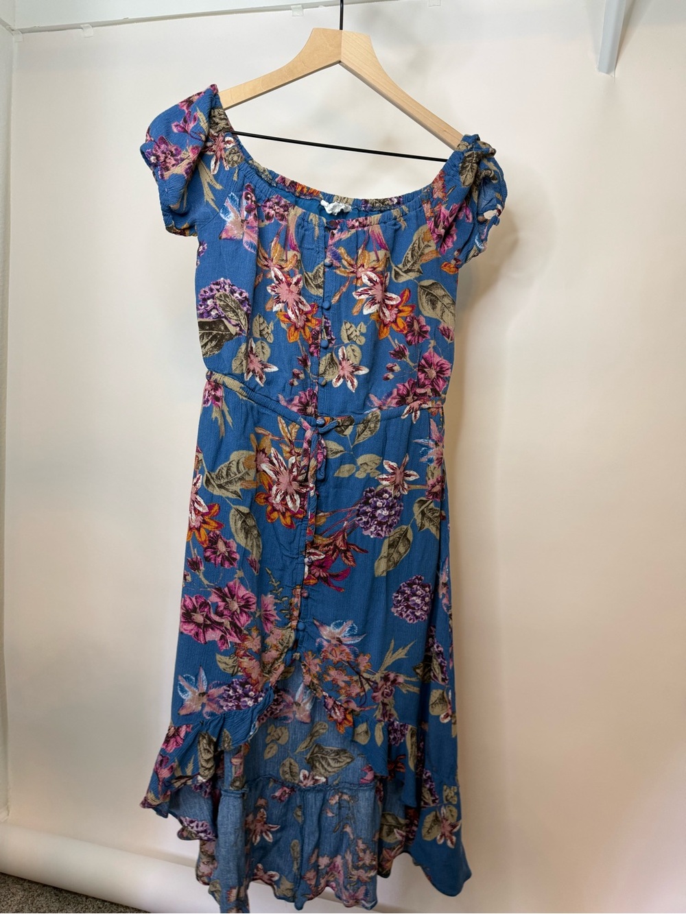 Blue Floral Off-Shoulder Summer Dress small